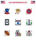 4th July USA Happy Independence Day Icon Symbols Group of 9 Modern Flat Filled Lines of day; calendar; military; american; cell