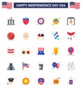 4th July USA Happy Independence Day Icon Symbols Group of 25 Modern Flats of alert; badge; american; security; badge