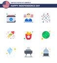 4th July USA Happy Independence Day Icon Symbols Group of 9 Modern Flats of fries; fast; fire; holiday; festivity