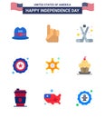 4th July USA Happy Independence Day Icon Symbols Group of 9 Modern Flats of star; men; ice hockey; usa; police