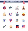 4th July USA Happy Independence Day Icon Symbols Group of 16 Modern Flats of usa; bag; building; tent; camp