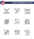 4th July USA Happy Independence Day Icon Symbols Group of 9 Modern Lines of party; celebrate; calendar; balloons; protection