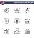 4th July USA Happy Independence Day Icon Symbols Group of 9 Modern Lines of security; shield; flower; american; receipt