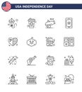 4th July USA Happy Independence Day Icon Symbols Group of 16 Modern Lines of usa; country; howitzer; heart; cell