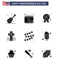 4th July USA Happy Independence Day Icon Symbols Group of 9 Modern Solid Glyphs of party bulb; buntings; holiday; church; american