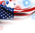 4th of july usa independence day banner design of American flag and balloon with fireworks 3D render Royalty Free Stock Photo