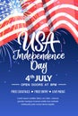 4th of July, USA Independence Day. Vector holiday poster, banner background with american flag and calligraphy lettering Royalty Free Stock Photo