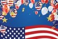 4th of july usa independence day, vector template with american flag and colored balloons on blue shining starry background. Royalty Free Stock Photo