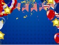 4th of july usa independence day, vector template with american flag and colored balloons on blue shining starry background. Royalty Free Stock Photo