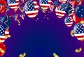 4th of july usa independence day, vector template with american flag and colored balloons on blue shining starry background. Royalty Free Stock Photo