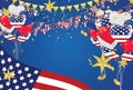4th of july usa independence day, vector template with american flag and colored balloons on blue shining starry background. Royalty Free Stock Photo