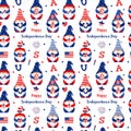 4th of July. Vector seamless pattern with patriotic gnomes holding firecracker, American flags and letters USA. Festive