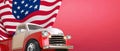 4th of July, vintage truck Firework for Independence Day and American flag for Memorial Day on red Background