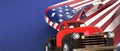 4th of July, vintage truck Firework for Independence Day and American flag for Memorial. United States flags on blue Background