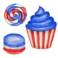 4th of july Watercolor patriotic cupcake macaron in colors of the USA flag. For sweet cake american design compositions