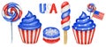 4th of july Watercolor patriotic cupcake macaron in colors of the USA flag. For sweet cake american design compositions