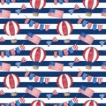 4th of July watercolor seamless pattern. Hand drawn American patriotic symbols in traditional blue and red color on Royalty Free Stock Photo