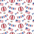 4th of July watercolor seamless pattern. Hand drawn American patriotic symbols in traditional blue and red color. USA Royalty Free Stock Photo