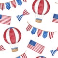 4th of July watercolor seamless pattern. Hand drawn American patriotic symbols in traditional blue and red color. USA Royalty Free Stock Photo