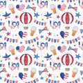 4th of July watercolor seamless pattern. Hand drawn American patriotic symbols in traditional blue and red colors. USA Royalty Free Stock Photo