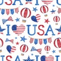 4th of July watercolor seamless pattern. Hand drawn American patriotic symbols. USA flag in heart shape, hot air balloon Royalty Free Stock Photo