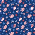 4th of July watercolor seamless pattern. Hand drawn ribbon bows, stars and hearts with American flag on dark blue Royalty Free Stock Photo