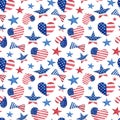 4th of July watercolor seamless pattern. Hand drawn ribbon bows, stars and hearts with American flag  on white Royalty Free Stock Photo