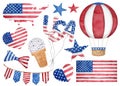 4th of July watercolor set. Hand drawn American patriotic symbols. USA flag, map, balloons, stars and stripes in Royalty Free Stock Photo