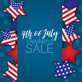 4th of July weekend sale banner. United States of America independence day holiday. National symbolics stars.