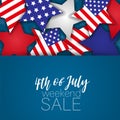 4th of July weekend sale banner. United States of America independence day holiday. National symbolics stars.