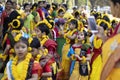 9th march, 2020 Birbhum, west bengal, India: a group of young girls getting ready to perform cultural Rabindra dance