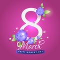 8th March Font Text Decorated with Beautiful Blue Flowers and Pearls on Glowing Pink Background for Happy Women\'s Day