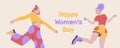 8th March Happy Women\'s Day banner wirh happy free women jumping in air Royalty Free Stock Photo