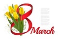 8th March illustration. Holiday yellow flowers background with yellow tulips and red ribbon