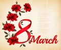 8th March illustration with red roses. International Women's Day