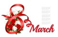 8th March illustration with red and white roses flowers and red ribbons. Royalty Free Stock Photo