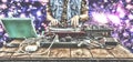 9th of March. World Day DJ. DJ playing music at mixer closeup. DJ at the remote in a nightclub Royalty Free Stock Photo