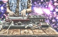 9th of March. World Day DJ. DJ playing music at mixer closeup. DJ at the remote in a nightclub Royalty Free Stock Photo