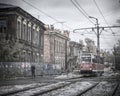 15th of October 2016, Russia, girl and tram on old street