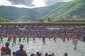 10th October, 2019, Thimphu Dzong, Bhutan: Thousands of spectators watching Bhutanese dancers performing Cham dance in traditional