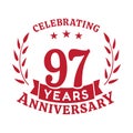97 years anniversary celebration logotype. 97th anniversary logo. Vector and illustration.