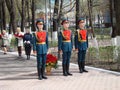 Moscow, Russia, May 9, 2018, honoring the Great Patriotic War by soldiers of the Transfiguration Regiment and war veterans.