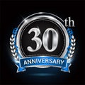 30th silver anniversary logo with blue ribbon and ring Royalty Free Stock Photo