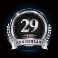 29th silver anniversary logo with laurel wreath, ribbon and silver ring. vector design