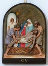 14th Stations of the Cross, Jesus is laid in the tomb and covered in incense Royalty Free Stock Photo