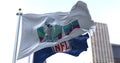 The 57th Super Bowl flag flying with the NFL flag blurred in the background
