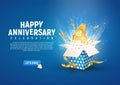 4 th year anniversary banner with open burst gift box. Template fourth birthday celebration and abstract text on blue background
