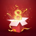 8 th year number anniversary and open gift box with explosions confetti isolated design element. Template eight eighth birthday