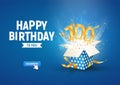 100 th years anniversary banner with open burst gift box. Template hundredth birthday celebration and abstract text on blue Royalty Free Stock Photo