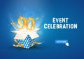 90 th years anniversary banner with open burst gift box. Template ninetieth birthday celebration and abstract text on blue